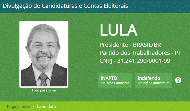 Site do TSE indica candidatura de Lula como indeferida