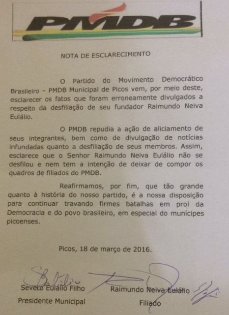  PMDB nega filiação do ex-vice- prefeito Raimundo Eulálio ao PP