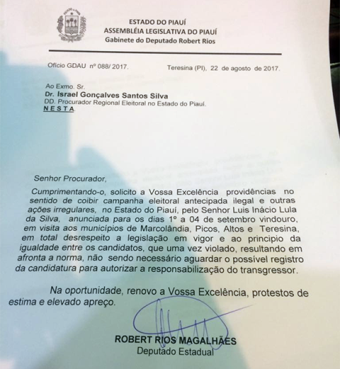 Robert Rios aciona Procuradoria Eleitoral contra visita de Lula