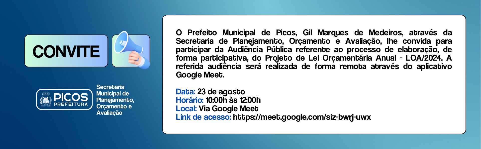 Audiência Pública para elaboração da LOA 2024 acontece nesta quarta-feira (23)