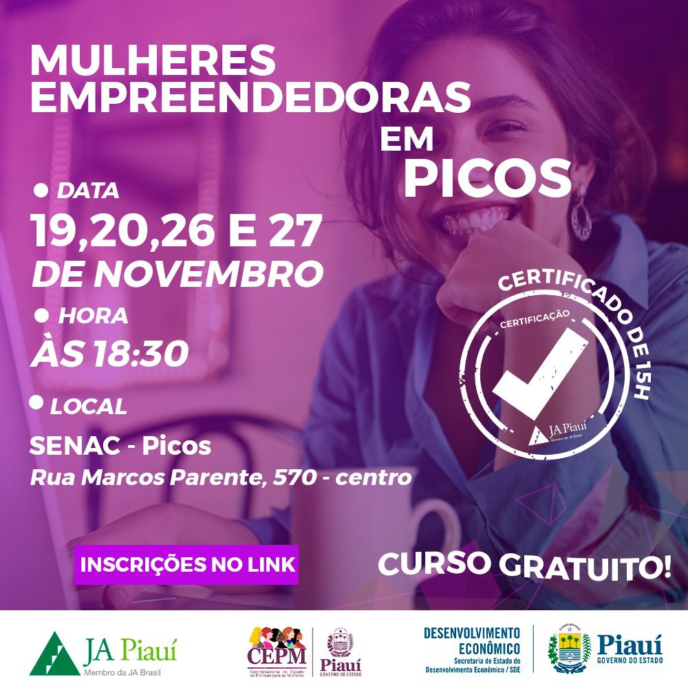 Primeira etapa do curso Mulheres Empreendedoras acontecerá nos dias 19 e 20 de novembro em Picos