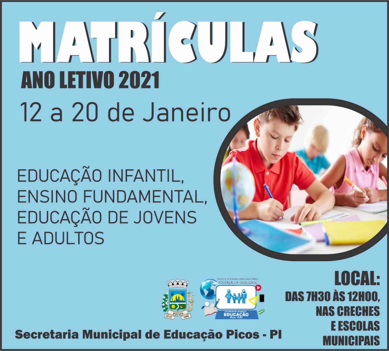 Matrículas para escolas da rede municipal de Picos começam nesta terça-feira (12)