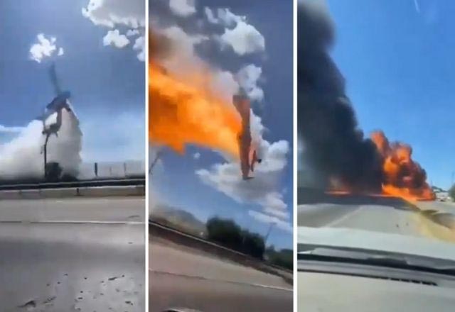 Avião bate em poste, capota e pega fogo; veja vídeo